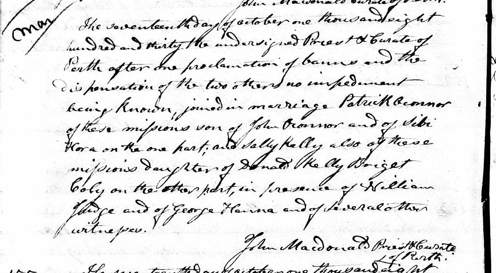 marriage record of Patrick O'Connor and Sarah Kelly, 1831, Perth, Ontarip